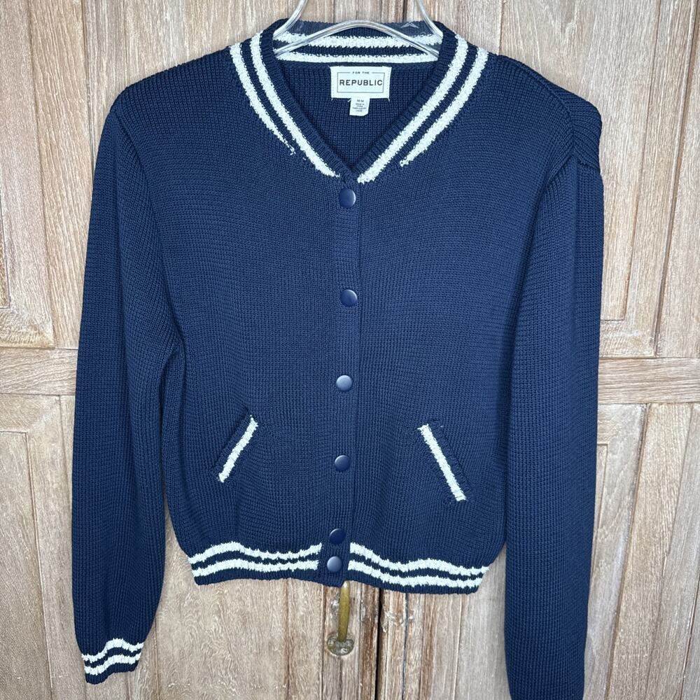 For The Republic Navy Ivory Nautical Varsity Button Front Cardigan M